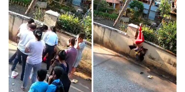 ವ್ಯಕ್ತಿಯ ಮೇಲೆ ಹಳೆ ದ್ವೇಷ ತೀರಿಸಲು ಹೋಗಿ ಮಹಿಳೆಗೆ ಗುದ್ದಿದ ಕಾರ್: ಕಾಂಪೌಂಡ್ ಮೇಲೆ ನೇತಾಡಿದ ಮಹಿಳೆ